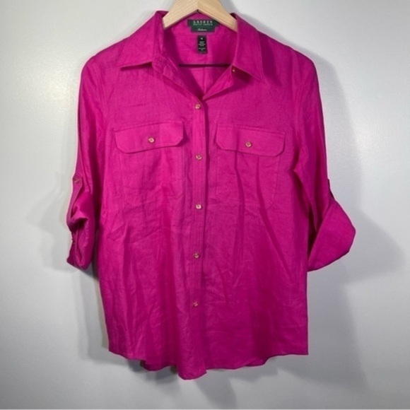 LAUREN Ralph Lauren Barbie Hot Pink 100% Linen
Button Up Top Breast Pockets Sz M - Picture 2 of 11